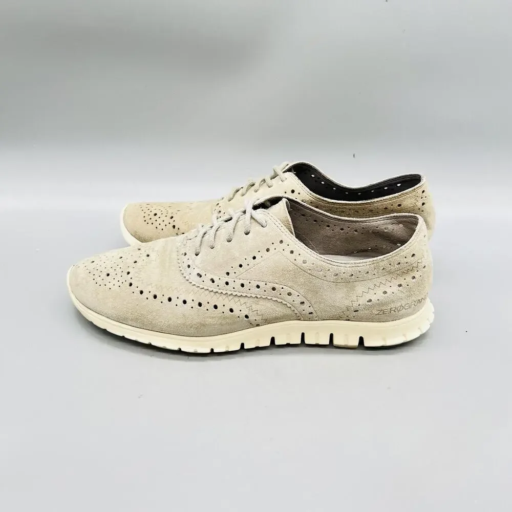 Cole Haan Shoes Womens 6.5 Beige Suede Zerogrand Wingtip Flats Lace Up Comfort